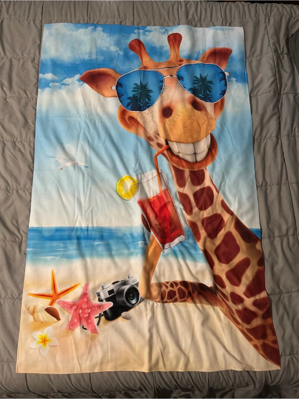 Giraffe Wearing Sunglasses & Drinking Novelty Goofy Microfiber Beach Towel